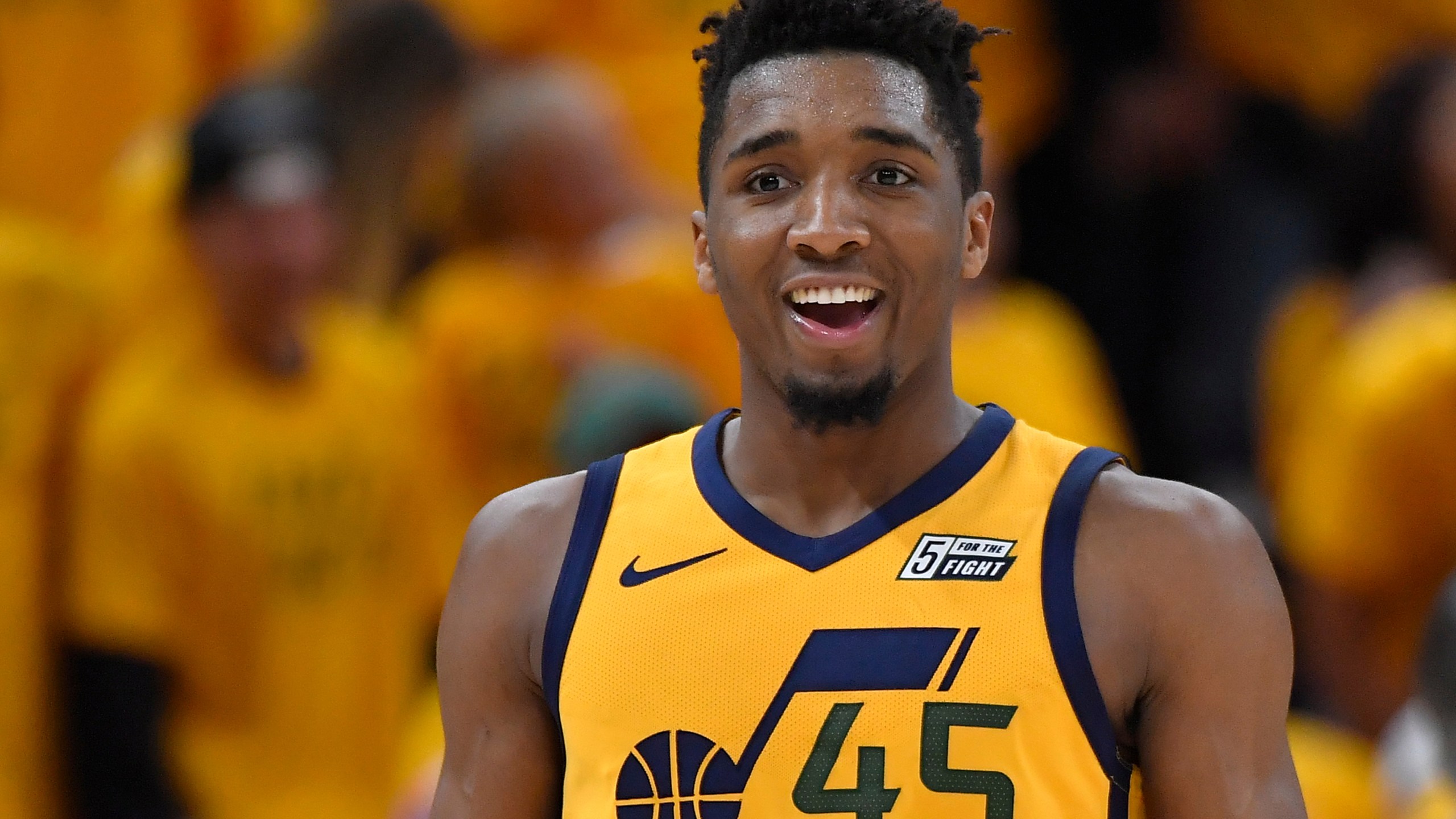 SALT LAKE CITY, UT - MAY 06: Donovan Mitchell #45 of the Utah Jazz reacts to his basket in the second half during Game Four of Round Two of the 2018 NBA Playoffs against the Houston Rockets at Vivint Smart Home Arena on May 6, 2018 in Salt Lake City, Utah. The Rockets beat the Jazz 100-87. NOTE TO USER: User expressly acknowledges and agrees that, by downloading and or using this photograph, User is consenting to the terms and conditions of the Getty Images License Agreement. (Photo by Gene Sweeney Jr./Getty Images)