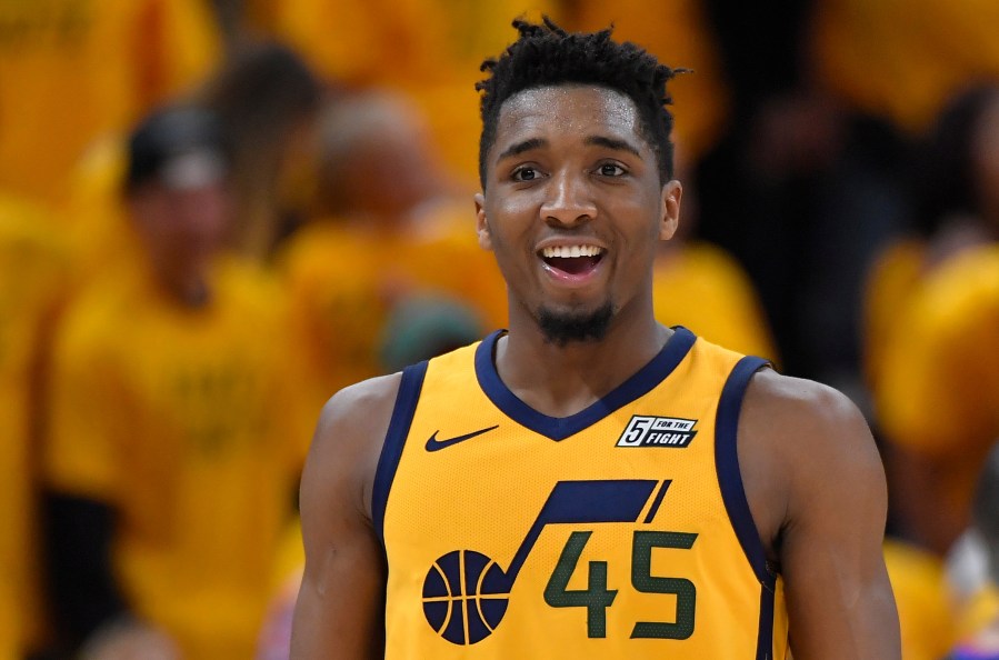 SALT LAKE CITY, UT - MAY 06: Donovan Mitchell #45 of the Utah Jazz reacts to his basket in the second half during Game Four of Round Two of the 2018 NBA Playoffs against the Houston Rockets at Vivint Smart Home Arena on May 6, 2018 in Salt Lake City, Utah. The Rockets beat the Jazz 100-87. NOTE TO USER: User expressly acknowledges and agrees that, by downloading and or using this photograph, User is consenting to the terms and conditions of the Getty Images License Agreement. (Photo by Gene Sweeney Jr./Getty Images)