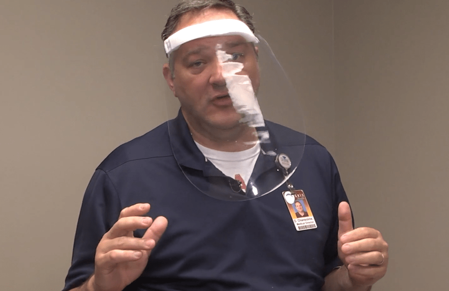 Dr. David Chansolme, Medical Director of Infection and Prevention at INTEGRIS Health, explains the value of face-shields in lessening the risk of droplet exposure.