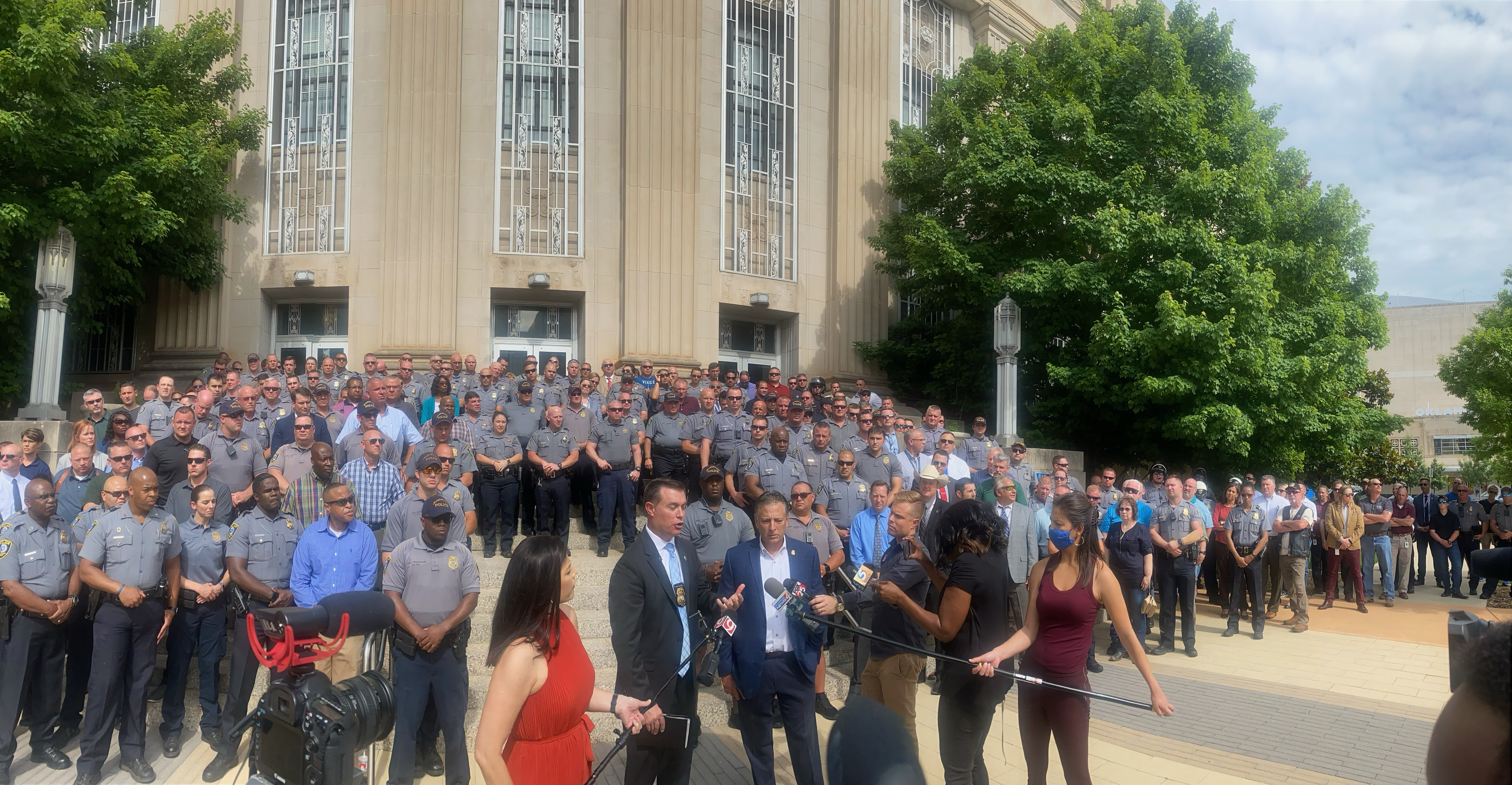 Oklahoma City Fraternal Order of Police gather at OKC City Hall to show support for Police Chief Wade Gourley