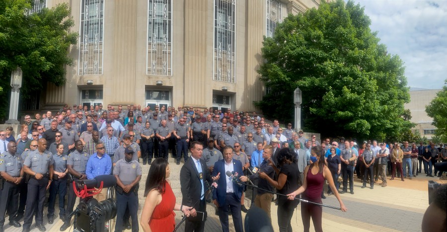 Oklahoma City Fraternal Order of Police gather at OKC City Hall to show support for Police Chief Wade Gourley