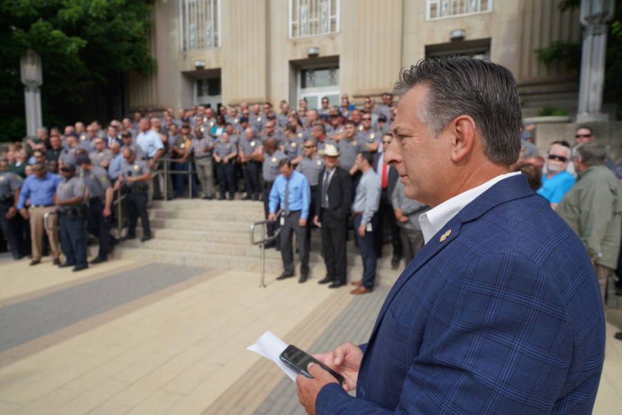 Oklahoma City Fraternal Order of Police gather at OKC City Hall to show support for Police Chief Wade Gourley
