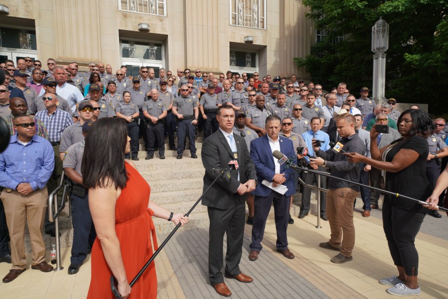 Oklahoma City Fraternal Order of Police gather at OKC City Hall to show support for Police Chief Wade Gourley