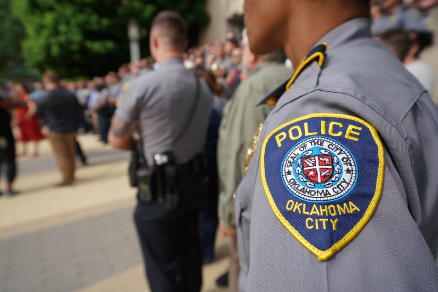 Oklahoma City Fraternal Order of Police gather at OKC City Hall to show support for Police Chief Wade Gourley