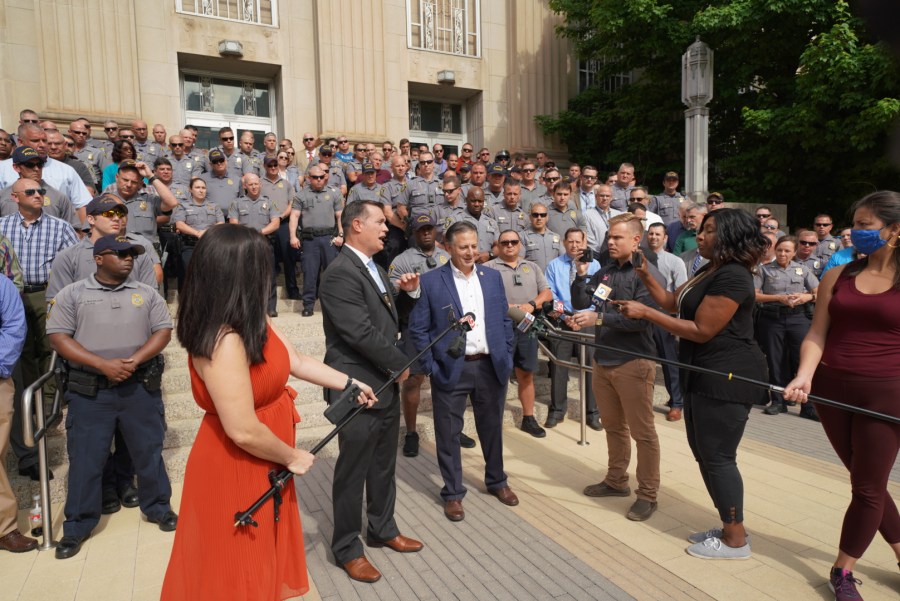 Oklahoma City Fraternal Order of Police gather at OKC City Hall to show support for Police Chief Wade Gourley