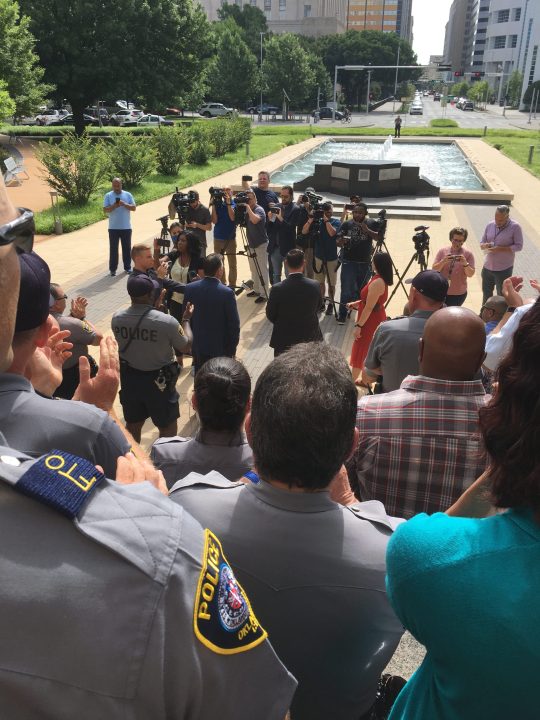 Oklahoma City Fraternal Order of Police gather at OKC City Hall to show support for Police Chief Wade Gourley