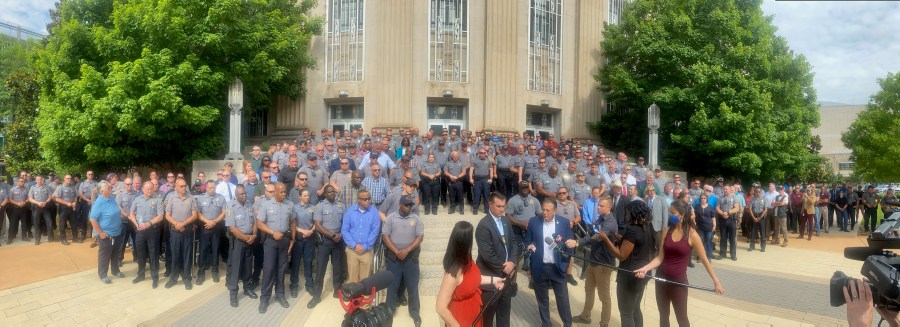 Oklahoma City Fraternal Order of Police gather at OKC City Hall to show support for Police Chief Wade Gourley