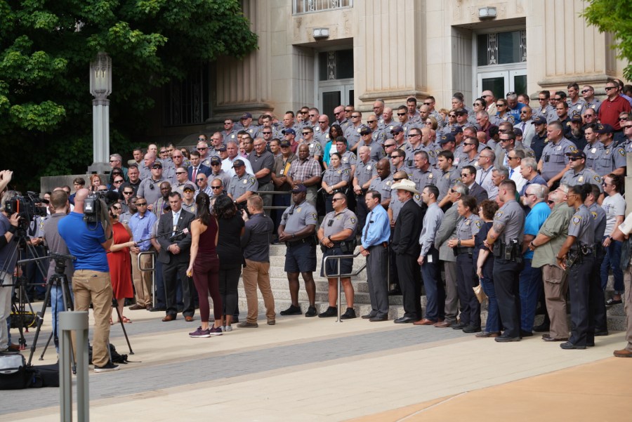 Oklahoma City Fraternal Order of Police gather at OKC City Hall to show support for Police Chief Wade Gourley
