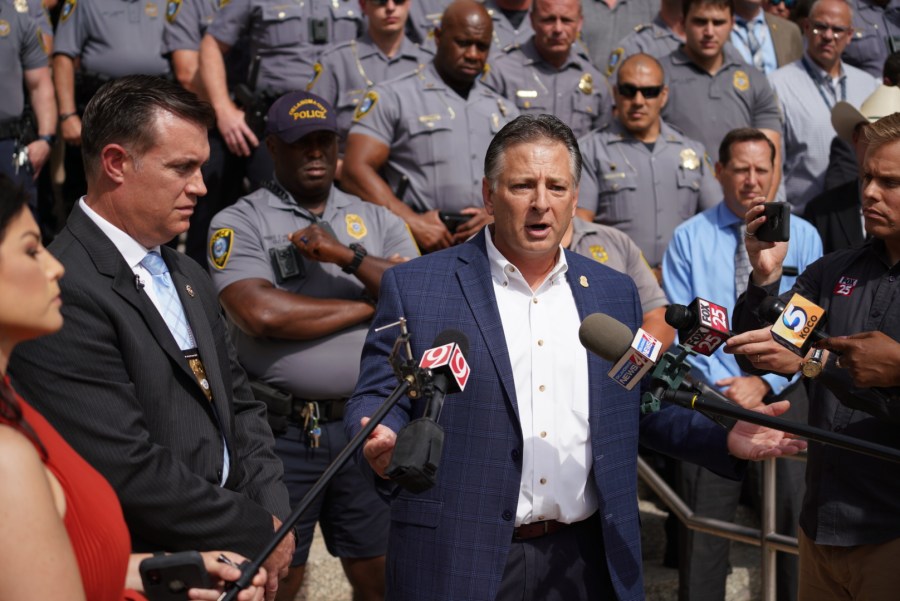Oklahoma City Fraternal Order of Police gather at OKC City Hall to show support for Police Chief Wade Gourley