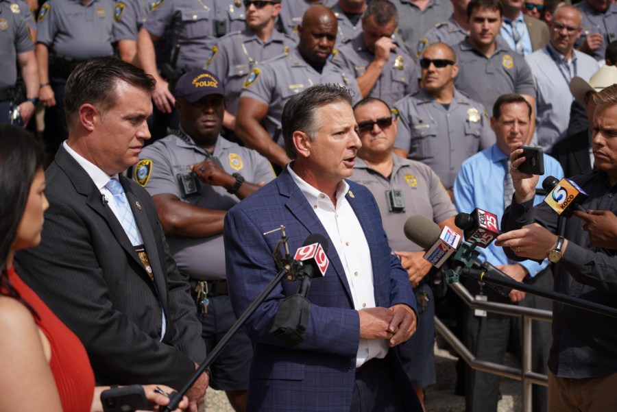 Oklahoma City Fraternal Order of Police gather at OKC City Hall to show support for Police Chief Wade Gourley