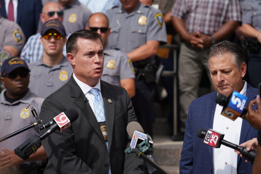 Oklahoma City Fraternal Order of Police gather at OKC City Hall to show support for Police Chief Wade Gourley