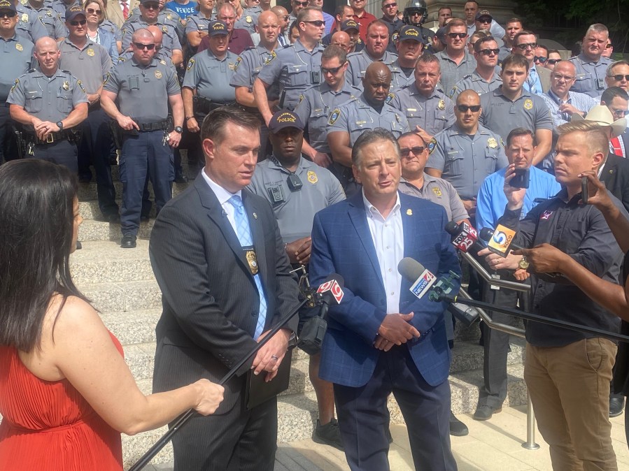 Oklahoma City Fraternal Order of Police gather at OKC City Hall to show support for Police Chief Wade Gourley